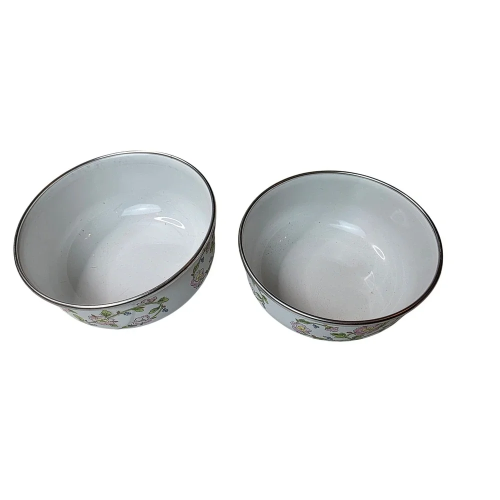 Kobe Kitchen Enamelware Floral Mixing Bowls Set of‎ 2 White Made in Japan 6 G1
